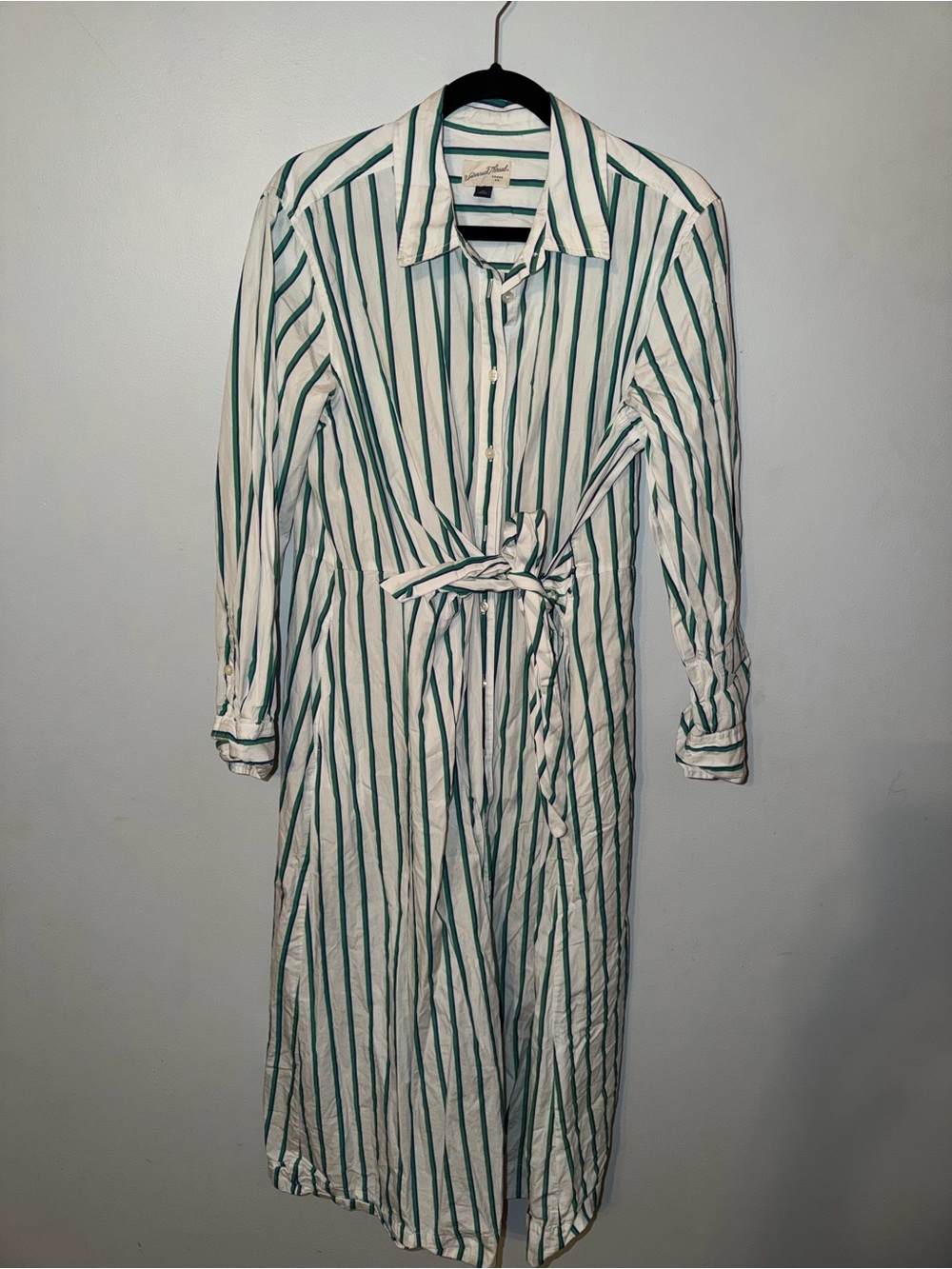 Striped Green, Navy & White Tie-Waist Shirt Dress